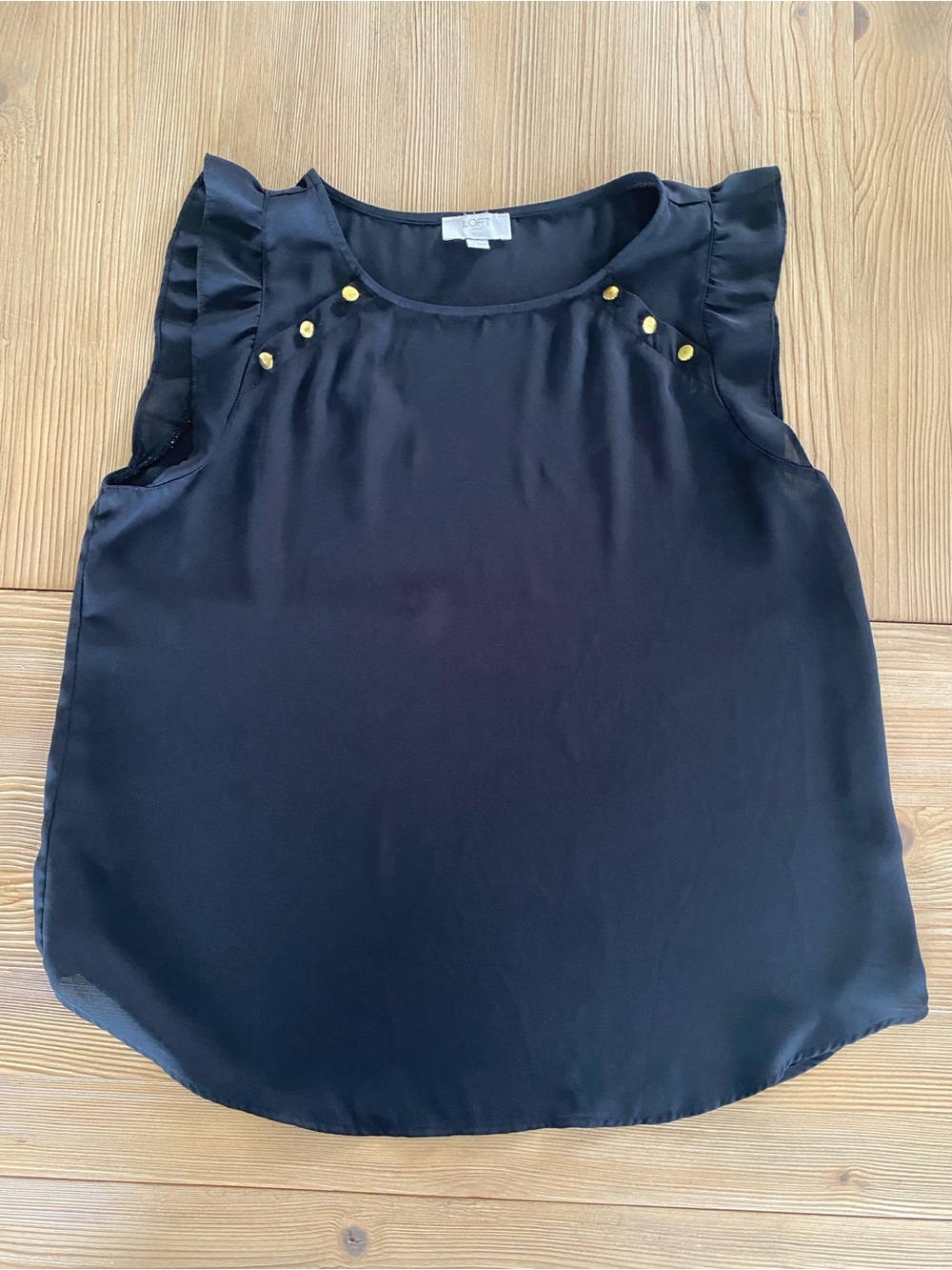 LOFT Black Zinna Ruffle Cap-Sleeve Shell with Gold Studs